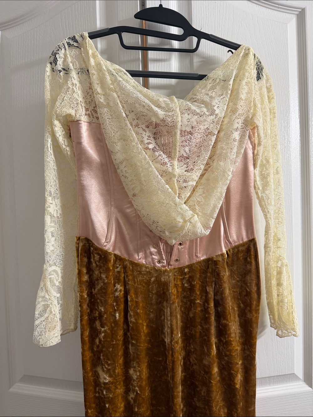Embroidered Pink Satin & Brown Velvet Slip Dress with Lace Accents - Picture 5 of 8